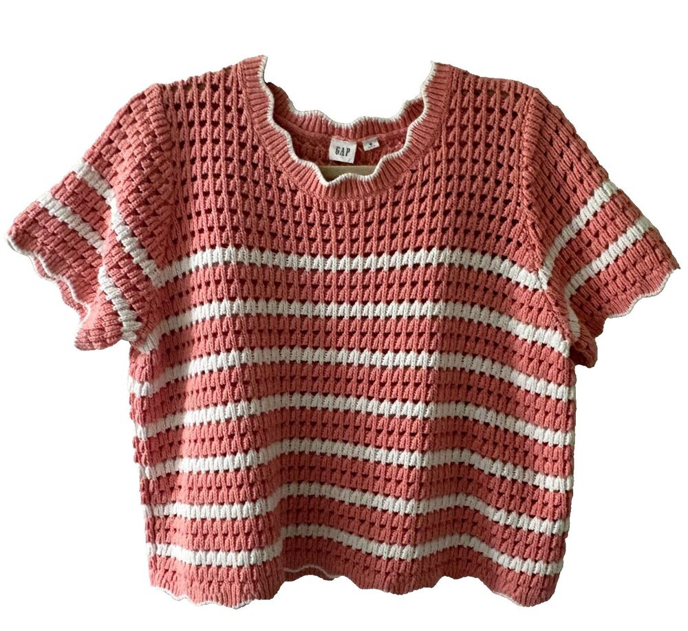 Gap Crochet SZM Coral & White Striped Open Stitch Knit Sweater Top